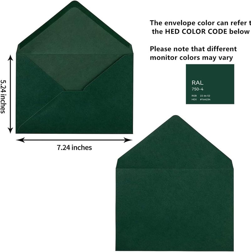 Toperd 100 Pieces A7 Self-Seal Envelopes Colorful 5x7 Envelopes for Greeting Cards, Birthday, Weddings, Baby Shower Invitation Cards (5.24 x 7.24 Inches, Dark Green) - Image 2